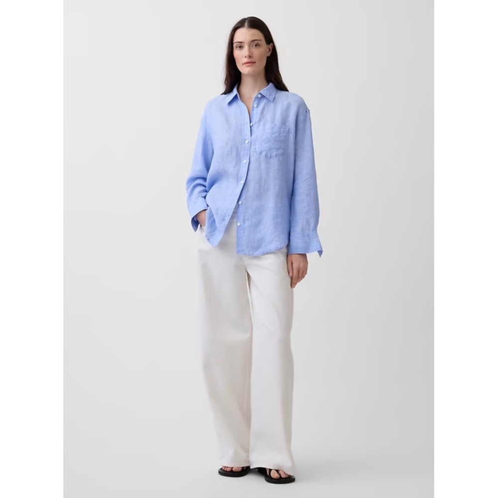 Gap Women Light Blue 100% Linen Long Sleeve Button Down Shirt Pocket Size M